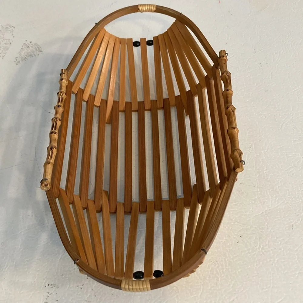 Holiday Bread Baskets Set/2 Mid Century Rattan Baskets W/ Black Beads & Handles